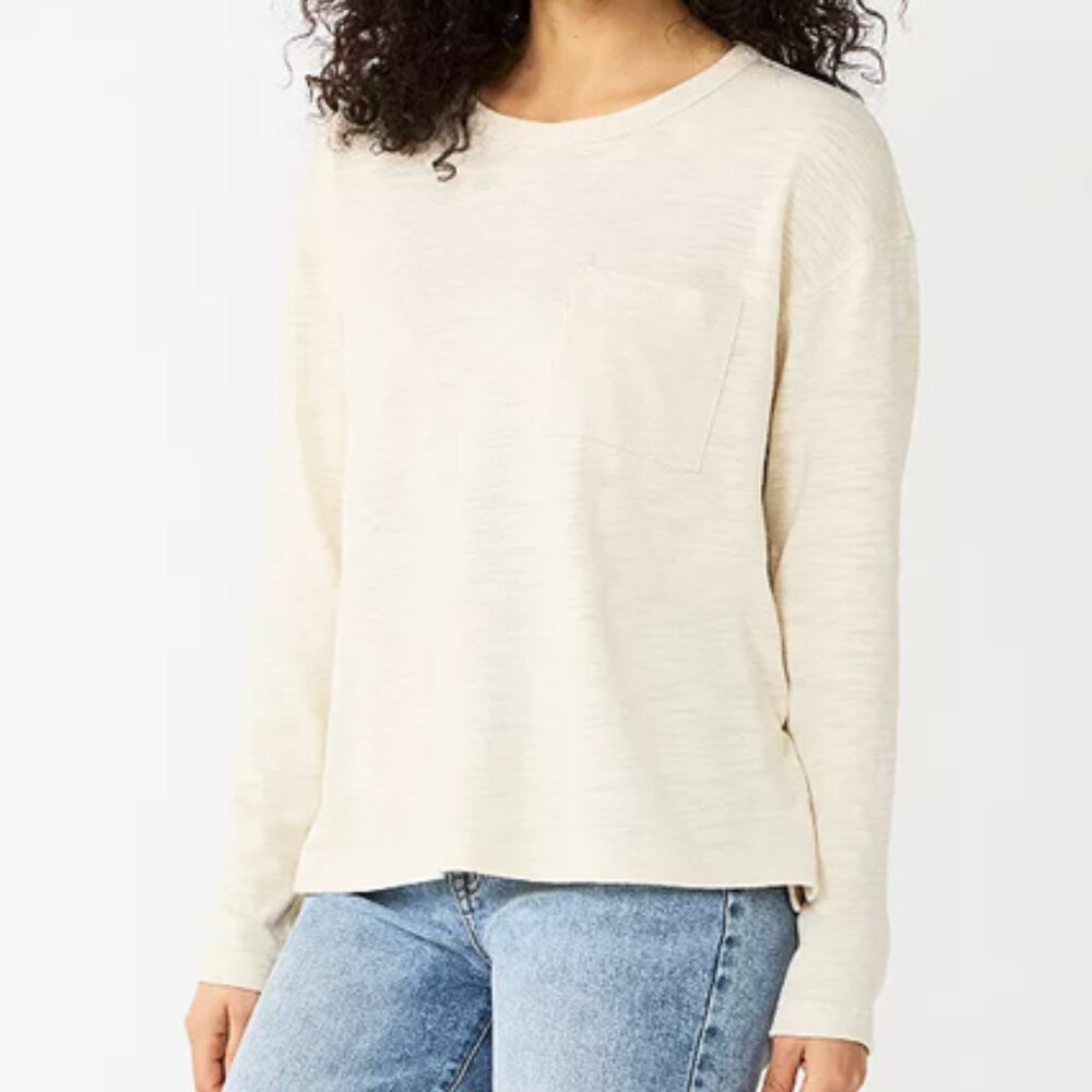 Sonoma Textured Long Sleeve Pocket Tee Top Crewneck T-Shirt Beige Sand Size XL